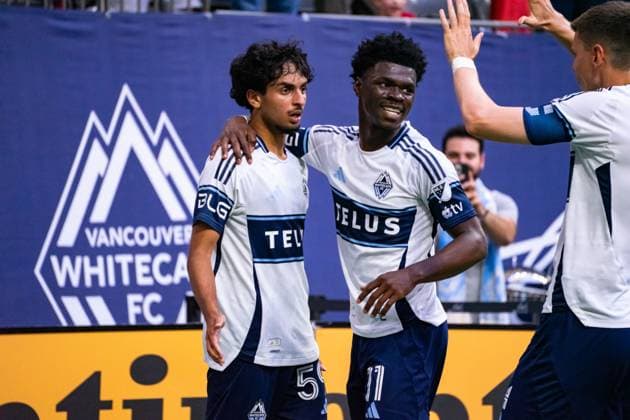 Vancouver, British Columbia, Canada, June 8th 2025: Jeevan Badwal (59 Vancouver Whitecaps FC) and Emmanuel Sabbi (11 Vancouver Whitecaps FC) celebrate after scoring their first goal during the Major League Soccer match between Vancouver Whitecaps FC and Seattle Sounders FC at BC Place Stadium in Vancouver, British Columbia, Canada (EDITORIAL USAGE ONLY). (Amy Elle SPP) Copyright: xAmyxElle SPPx spp-en-AmEl-DSC01845