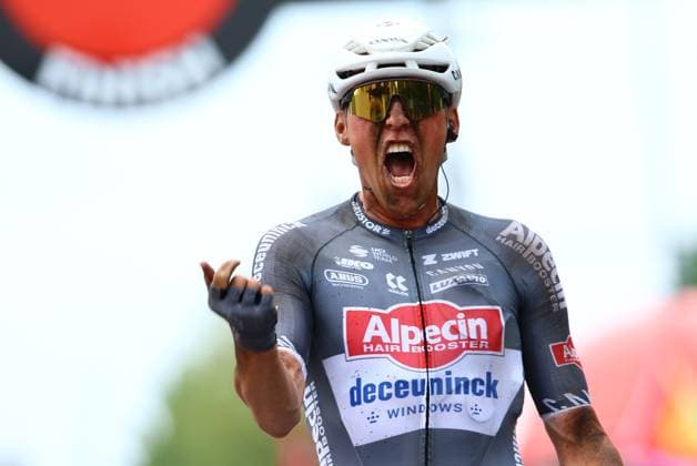 Belgian Timo Kielich of Alpecin-Deceuninck celebrates after winning the Antwerp Port Epic men s elite one day cycling race, 182 km in and around Antwerp, second race (2 8) in the Lotto Belgium Cup, Monday 09 June 2025. DAVIDxPINTENS  x126529147x