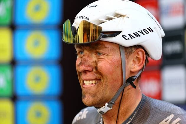 Belgian Timo Kielich of Alpecin-Deceuninck celebrates after winning the Antwerp Port Epic men s elite one day cycling race, 182 km in and around Antwerp, second race (2 8) in the Lotto Belgium Cup, Monday 09 June 2025. DAVIDxPINTENS  x126529574x