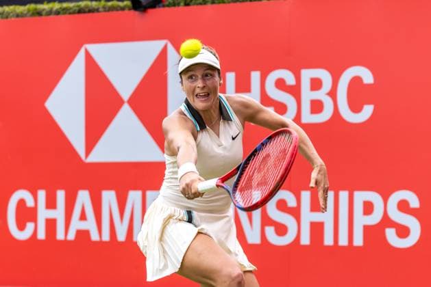 Tennis - 2025 WTA, Tennis Damen HSBC Championships - Round One - Leylah Fernandez (CAN) vs Tatjana Maria - The Queens Club - Monday 9th June 2025 Tatjana Maria returns the serve Colorsport Daniel Bearham  csp_ten_quW_db_09062025_
