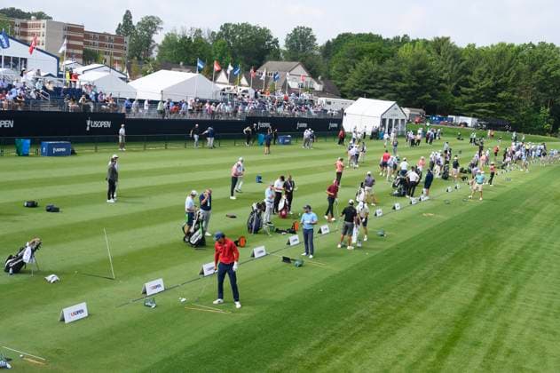 Player warm-up at the driving range at the Oakmont Country Club site of the USGA 125 U.S. Open Championship in Oakmont Pennsylvania near Pittsburgh on Monday, June 9, 2025.  PIT2025060903 ArchiexCarpenter