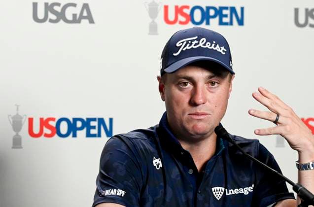 Justin Thomas answer questions from the media at the USGA 125 U.S. Open Championship at the Oakmont Country Club in Oakmont Pennsylvania near Pittsburgh during practice rounds on Monday, June 9, 2025.  PIT2025060908 ArchiexCarpenter