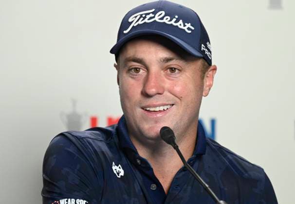 Justin Thomas answer questions from the media at the USGA 125 U.S. Open Championship at the Oakmont Country Club in Oakmont Pennsylvania near Pittsburgh during practice rounds on Monday, June 9, 2025.  PIT2025060912 ArchiexCarpenter