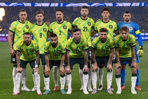 Perth, Australia, June 5th 2025: Lewis Miller (3 Australia), Connor Metcalfe (8 Australia),Milos Degenek (2 Australia), Cameron Burgess (21 Australia), Connor Metcalfe (8 Australia), Mathew Ryan (1 Australia), Martin Boyle (6 Australia), Aziz Behich (16 Australia), Aiden O Neill (13 Australia), Brandon Borrello (11 Australia) and Ryan Teague (17 Australia) prior to the FIFA World Cup, WM, Weltmeisterschaft, Fussball 26â ¢ AFC Qualifiers game between Australia and Japan at Optus Stadium in Perth, Australia. (Ramiro Larguia SPP)  Copyright: xRamiroxLarguiax xSPPx spp-en-RaLaSp-Australia vs Japan 0062