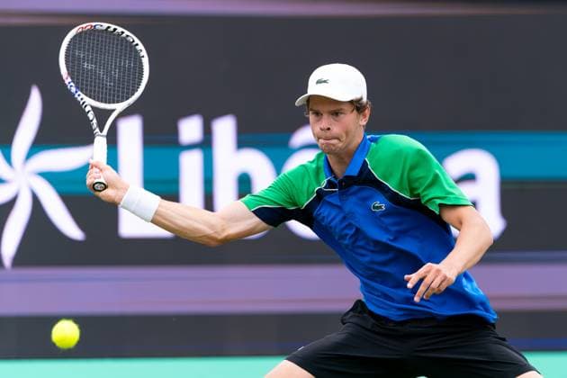 2025-06-10 2025 Libema Open Grass Court Championships ROSMALEN, NETHERLANDS - JUNE 10: Alexander Blockx of Belgium in action during Day Two of 2025 Libema Open Grass Court Championships at Autotron on June 10, 2025 in Rosmalen, Netherlands. Rosmalen Autotron Netherlands Content not available for redistribution in The Netherlands directly or indirectly through any third parties. Copyright: xJorisxVerwijstx