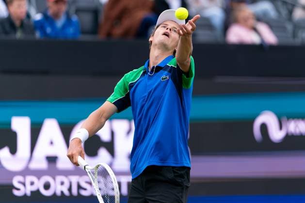 2025-06-10 2025 Libema Open Grass Court Championships ROSMALEN, NETHERLANDS - JUNE 10: Alexander Blockx of Belgium in action during Day Two of 2025 Libema Open Grass Court Championships at Autotron on June 10, 2025 in Rosmalen, Netherlands. Rosmalen Autotron Netherlands Content not available for redistribution in The Netherlands directly or indirectly through any third parties. Copyright: xJorisxVerwijstx