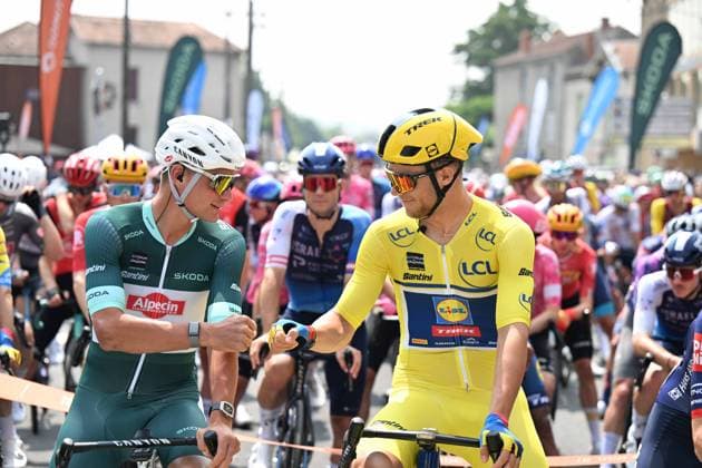 10-06-2025 Criterium Du Dauphine Libere; Tappa 03 Brioude - Charantonnay; 2025, Lidl - Trek; 2025, Alpecin - Deceuninck; Milan, Jonathan; Van Der Poel, Mathieu; Brioude; 