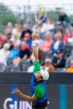 2025-06-10 2025 Libema Open Grass Court Championships ROSMALEN, NETHERLANDS - JUNE 10: Alexander Blockx of Belgium in action during Day Two of 2025 Libema Open Grass Court Championships at Autotron on June 10, 2025 in Rosmalen, Netherlands. Rosmalen Autotron Netherlands Content not available for redistribution in The Netherlands directly or indirectly through any third parties. Copyright: xJorisxVerwijstx