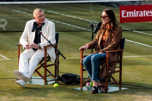 BOSS OPEN ATP250; 10.06.2025 Boris Becker und Andrea Petrovic während der Live-Aufnahme des Boris Becker & Andrea Petrovic Podcasts BOSS OPEN ATP250; Stuttgart, Tennisclub Weissenhof am 10.06.2025 Copyright: xBEAUTIFULxSPORTS Wunderlx