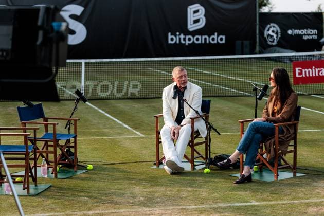 BOSS OPEN ATP250; 10.06.2025 Boris Becker und Andrea Petrovic während der Live-Aufnahme des Boris Becker & Andrea Petrovic Podcasts BOSS OPEN ATP250; Stuttgart, Tennisclub Weissenhof am 10.06.2025 Copyright: xBEAUTIFULxSPORTS Wunderlx