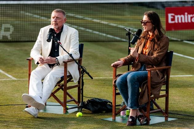 Bilder des Jahres 2025, Sport 06 Juni Sport Themen der Woche KW24 Sport Bilder des Tages BOSS OPEN ATP250; 10.06.2025 Boris Becker und Andrea Petrovic während der Live-Aufnahme des Boris Becker & Andrea Petrovic Podcasts BOSS OPEN ATP250; Stuttgart, Tennisclub Weissenhof am 10.06.2025 *** BOSS OPEN ATP250 10 06 2025 Boris Becker and Andrea Petrovic during the live recording of the Boris Becker Andrea Petrovic Podcast BOSS OPEN ATP250 Stuttgart, Tennisclub Weissenhof on 10 06 2025 Copyright: xBEAUTIFULxSPORTS Wunderlx