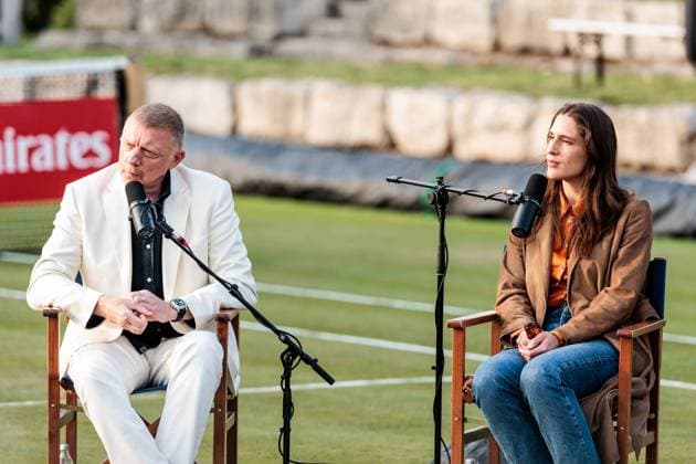 BOSS OPEN ATP250; 10.06.2025 Boris Becker und Andrea Petrovic während der Live-Aufnahme des Boris Becker & Andrea Petrovic Podcasts BOSS OPEN ATP250; Stuttgart, Tennisclub Weissenhof am 10.06.2025 Copyright: xBEAUTIFULxSPORTS Wunderlx