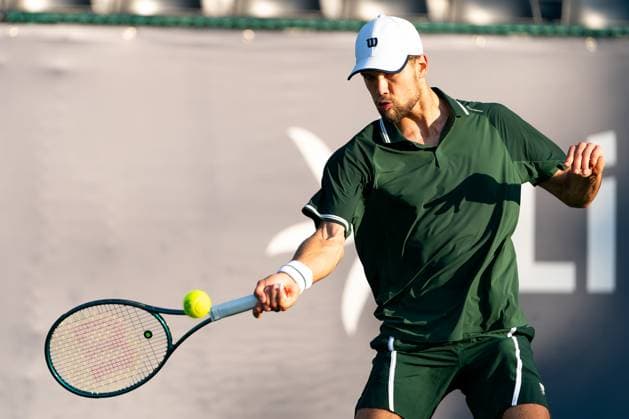 2025-06-10 2025 Libema Open Grass Court Championships ROSMALEN, NETHERLANDS - JUNE 10: Otto Virtanen of Finland in action during Day Two of 2025 Libema Open Grass Court Championships at Autotron on June 10, 2025 in Rosmalen, Netherlands. Rosmalen Autotron Netherlands Content not available for redistribution in The Netherlands directly or indirectly through any third parties. Copyright: xJorisxVerwijstx