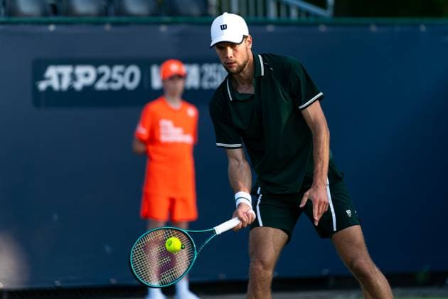 2025-06-10 2025 Libema Open Grass Court Championships ROSMALEN, NETHERLANDS - JUNE 10: Otto Virtanen of Finland in action during Day Two of 2025 Libema Open Grass Court Championships at Autotron on June 10, 2025 in Rosmalen, Netherlands. Rosmalen Autotron Netherlands Content not available for redistribution in The Netherlands directly or indirectly through any third parties. Copyright: xJorisxVerwijstx