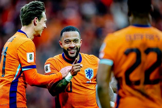 Netherlands forwarder Memphis Depay celebrating the goal during the match Netherlands - Malta at the Euroborg Stadium for the European Qualification Group G season 2025-2026 in GRONINGEN, Netherlands on 10 june 2025, (photo by Marcel van Dorst EYE4images DeFodi Images)