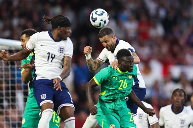 England v Senegal 10 June 2025, Nottingham - International Football Friendly - England v Senegal - Kyle Walker of England heads the ball ahead of Pape Gueye of Senegal - Photo: Charlotte Wilson Offside. Nottingham UK Copyright: xCharlottexWilsonx xOffsidexOffside