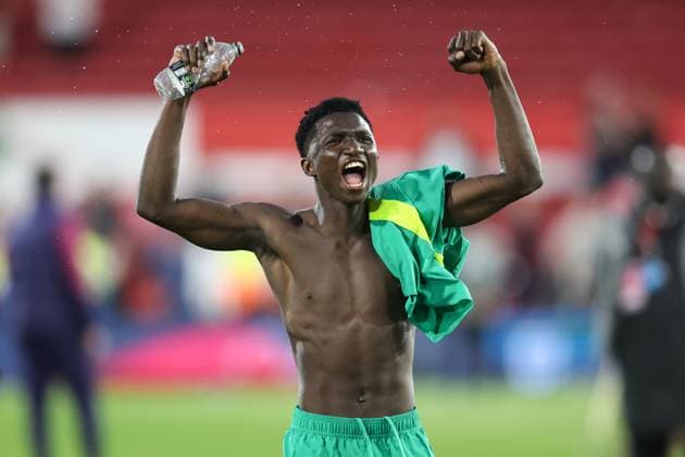 England v Senegal 10 June 2025, Nottingham - International Football Friendly - England v Senegal - Lamine Camara of Senegal celebrates victory - Photo: Charlotte Wilson Offside. Nottingham UK Copyright: xCharlottexWilsonx xOffsidexOffside