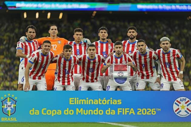 10th June 2025, Sao Paulo, Brazil: (L-R) Paraguay team starting line up, players Junior Alonso, Gatito Fernandez, Diego Gomez, Gustavo Gomez, Omar Alderete, Juan Jose Caceres, Adrian Cubas, Miguel Almiron, Mathias Villasanti, Antonio Sanabria and Julio Enciso prior to the match between Brazil and Paraguay for the 16th round of the FIFA 2026 qualifiers, at Arena Corinthians Stadium, in Sao Paulo, Brazil  ActionPlus12800208 HeulerxAndrey