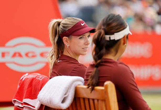 11th June 2025; HSBC Championships, Queen s Club, West Kensington, London, England: HSBC Womens Championships queens Club, Day 3, Emma Raducanu and Katie Boulter take a game break during their loss in the doubles match against number 1 seeds Lyudmyla Kichenok and Erin Routliffe  ActionPlus12800264 HongboxChen