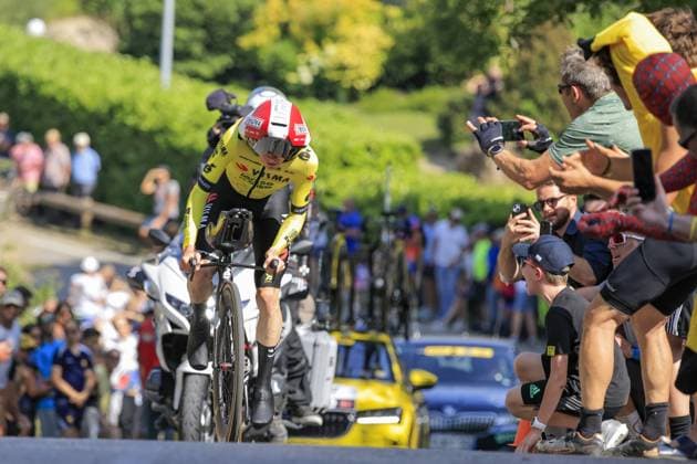 VINGEGAARD Jonas,Team Visma Lease a Bike, during the Criterium du Dauphine 2025, Cycling event, Stage 4, Individual Time Trial, Charmes-sur-Rhone > Saint-Peray (17,4 Km) on 11 June 2025 in Saint-Peray, France - during Criterium du Dauphine 2025 - Stage 4, Street Cycling race in France, France, June 11 2025 Copyright: xStefanoxCavasino IPAxSportx xipa-agency.netx xx IPA_58923696 IPA_Agency_IPA58923696