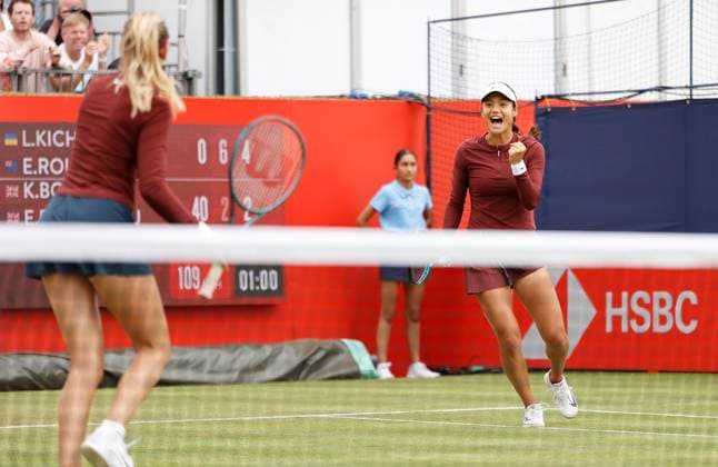 11th June 2025; HSBC Championships, Queen s Club, West Kensington, London, England: HSBC Womens Championships queens Club, Day 3; Katie Boulter (GBR) and Emma Raducanu (GBR) celebrate a game won during the match  ActionPlus12800291 HongboxChen