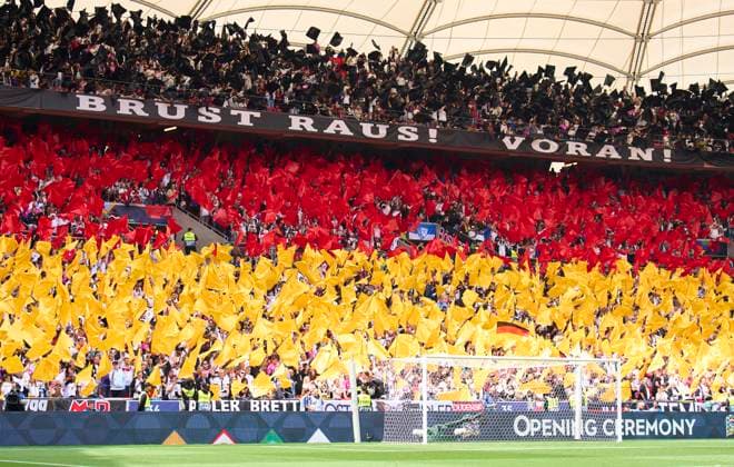 DFB fans with Kopf Hoch, Brust Raus in the UEFA Nations League 2025 Third Place match GERMANY - FRANCE 0-2 in Season 2024 2025 at June 8, 2025 in Stuttgart, Germany.