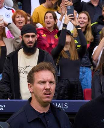 DFB headcoach Julian Nagelsmann , Bundestrainer, Nationaltrainer, Lena Wurzenberger, girlfriend of Julian Nagelsmann, coach DFB, behind him in the UEFA Nations League 2025 Third Place match GERMANY - FRANCE 0-2 in Season 2024 2025 at June 8, 2025 in Stuttgart, Germany.