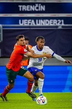 PORTUGAL U21, U 21 - FRANCE U21 Rafael Rodrigues of Portugal and Wilson Odobert of France during the UEFA European Under-21 Championship 2025 football match between Portugal U21 and France U21. Stadium Na Sihoti, Trencin, Slovakia, June 11, 2025. Photo by Branislav Racko Copyright: xx 080A3744