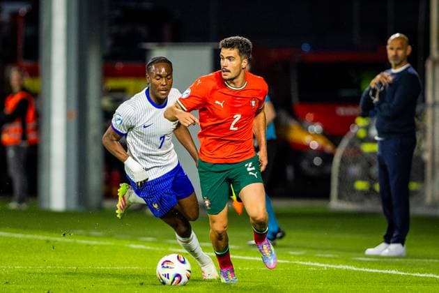PORTUGAL U21, U 21 - FRANCE U21 Rodrigo Pinheiro of Portugal and Mathys Tel of France during the UEFA European Under-21 Championship 2025 football match between Portugal U21 and France U21. Stadium Na Sihoti, Trencin, Slovakia, June 11, 2025. Photo by Branislav Racko Copyright: xx 080A3844