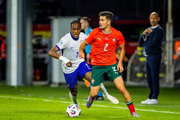 PORTUGAL U21, U 21 - FRANCE U21 Rodrigo Pinheiro of Portugal and Mathys Tel of France during the UEFA European Under-21 Championship 2025 football match between Portugal U21 and France U21. Stadium Na Sihoti, Trencin, Slovakia, June 11, 2025. Photo by Branislav Racko Copyright: xx 080A3848