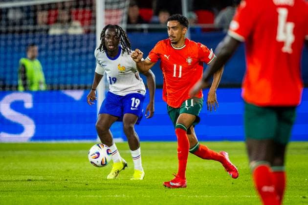 PORTUGAL U21, U 21 - FRANCE U21 Tiago Tomas of Portugal and Ismael Doukoure of France during the UEFA European Under-21 Championship 2025 football match between Portugal U21 and France U21. Stadium Na Sihoti, Trencin, Slovakia, June 11, 2025. Photo by Branislav Racko Copyright: xx 080A4018