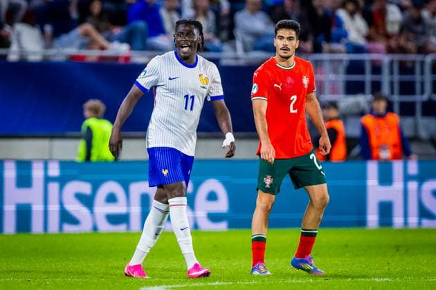 PORTUGAL U21, U 21 - FRANCE U21 Rodrigo Pinheiro of Portugal and Loum Tchaouna of France during the UEFA European Under-21 Championship 2025 football match between Portugal U21 and France U21. Stadium Na Sihoti, Trencin, Slovakia, June 11, 2025. Photo by Branislav Racko Copyright: xx 080A5087