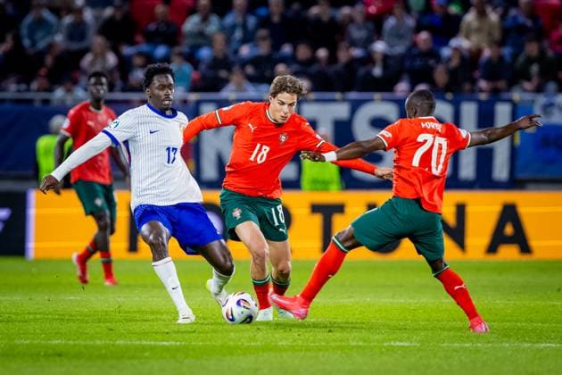 PORTUGAL U21, U 21 - FRANCE U21 Gustavo Sa of Portugal and Soungoutou Magassa of France during the UEFA European Under-21 Championship 2025 football match between Portugal U21 and France U21. Stadium Na Sihoti, Trencin, Slovakia, June 11, 2025. Photo by Branislav Racko Copyright: xx 080A5469