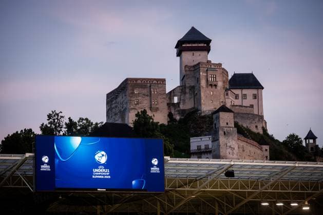 PORTUGAL U21, U 21 - FRANCE U21 General view - with Trencin castle and giant screen - of the UEFA European Under-21 Championship 2025 football match between Portugal U21 and France U21. Stadium Na Sihoti, Trencin, Slovakia, June 11, 2025. Photo by Branislav Racko Copyright: xx _BRR0312
