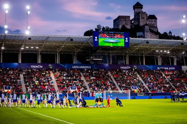 PORTUGAL U21, U 21 - FRANCE U21 General view - with Trencin castle - of the UEFA European Under-21 Championship 2025 football match between Portugal U21 and France U21. Stadium Na Sihoti, Trencin, Slovakia, June 11, 2025. Photo by Branislav Racko Copyright: xx _BRR0334