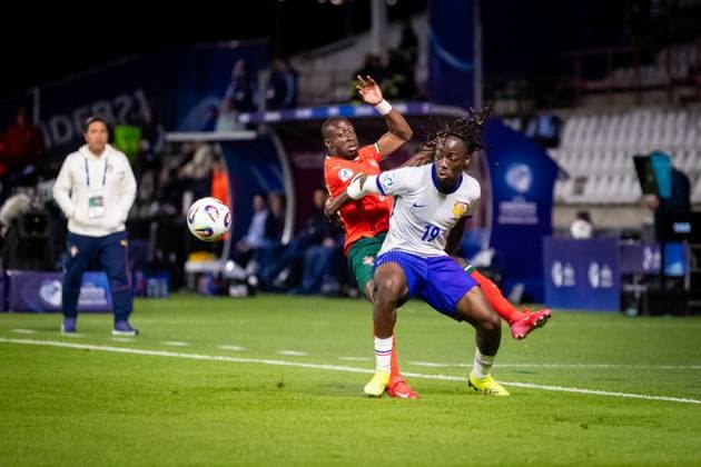 PORTUGAL U21, U 21 - FRANCE U21 Carlos Forbes Borges of Portugal and Ismael Doukoure of France during the UEFA European Under-21 Championship 2025 football match between Portugal U21 and France U21. Stadium Na Sihoti, Trencin, Slovakia, June 11, 2025. Photo by Branislav Racko Copyright: xx _BRR0566