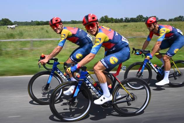Criterium du Dauphine 2025 Stage 5 MACON, FRANCE - JUNE 12 : Stuyven Jasper (BEL) of Lidl - Trek, Skujins Toms (LAT) of Lidl - Trek during stage 5 of the 77th edition of Criterium du Dauphine Libere an UCI World Tour 2.UWT cycling road race stage for Men Elite of 183 km with start in Saint-Priest and finish in Macon on June 12, 2025 in Macon, France, 12 06 2025 ( Motordriver Kenny Verfaillie - Macon France  Copyright: xVincentxKalutx