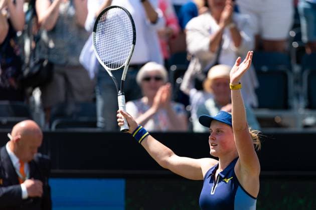 2025-06-12 2025 Libema Open Grass Court Championships ROSMALEN, NETHERLANDS - JUNE 12: Suzan Lamens of the Netherlands celebrating her sides win during Day Four of 2025 Libema Open Grass Court Championships at Autotron on June 12, 2025 in Rosmalen, Netherlands. Rosmalen Autotron Netherlands Content not available for redistribution in The Netherlands directly or indirectly through any third parties. Copyright: xJorisxVerwijstx