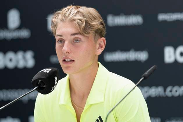 Justin Engel (Deutschland) bei der Pressekonferenz nach seinem Sieg gegen Alex Michelsen (USA) und dem damit verbundenen Einzug ins Viertelfinale. 12.06.2025, Tennis, Boss Open ATP, Tennis Herren 250, GER, Stuttgart, TC Weissenhof. Copyright: HMBxMedia xHeikoxBecker