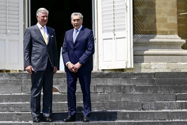 King Philippe - Filip of Belgium and Former Belgian cyclist Eddy Merckx pictured during a royal meeting on the occasion of the 80th anniversary of Belgian cycling legend Eddy Merckx, Thursday 12 June 2025, at the Royal Castle in Laken Laeken, in Brussels. DIRKxWAEM  x0822154147stx
