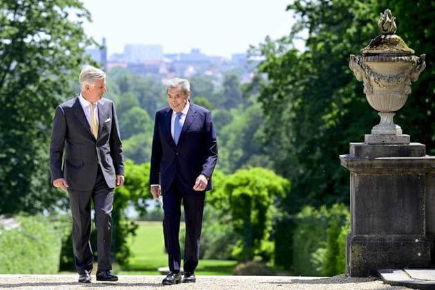 King Philippe - Filip of Belgium and Former Belgian cyclist Eddy Merckx pictured during a royal meeting on the occasion of the 80th anniversary of Belgian cycling legend Eddy Merckx, Thursday 12 June 2025, at the Royal Castle in Laken Laeken, in Brussels. DIRKxWAEM  x0822155026stx