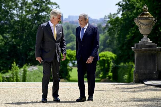 King Philippe - Filip of Belgium and Former Belgian cyclist Eddy Merckx pictured during a royal meeting on the occasion of the 80th anniversary of Belgian cycling legend Eddy Merckx, Thursday 12 June 2025, at the Royal Castle in Laken Laeken, in Brussels. DIRKxWAEM  x0822155324stx