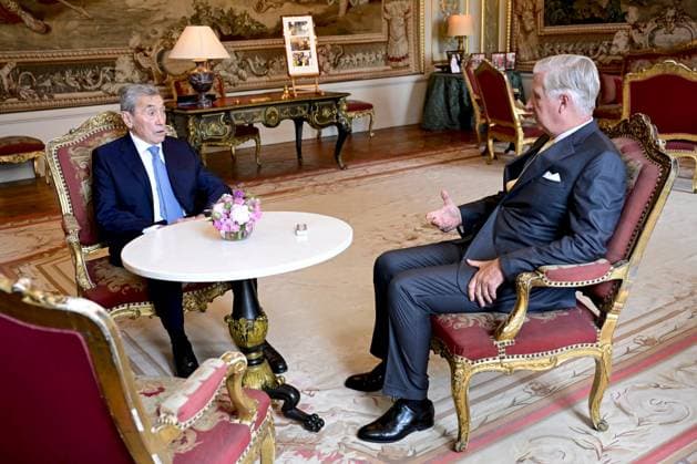 King Philippe - Filip of Belgium and Former Belgian cyclist Eddy Merckx pictured during a royal meeting on the occasion of the 80th anniversary of Belgian cycling legend Eddy Merckx, Thursday 12 June 2025, at the Royal Castle in Laken Laeken, in Brussels. DIRKxWAEM  x0822155845stx