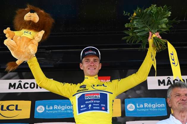 Criterium du Dauphine 2025 Stage 5 MACON, FRANCE - JUNE 12 : Evenepoel Remco (BEL) of Soudal - Quick Step pictured with the yellow jersey during the podium ceremony of stage 5 of the 77th edition of Criterium du Dauphine Libere an UCI World Tour 2.UWT cycling road race stage for Men Elite of 183 km with start in Saint-Priest and finish in Macon on June 12, 2025 in Macon, France, 12 06 2025 ( Motordriver Kenny Verfaillie - Macon France  Copyright: xVincentxKalutx