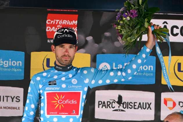 Criterium du Dauphine 2025 Stage 5 MACON, FRANCE - JUNE 12 : Ourselin Paul (FRA) of Cofidis pictured with the polka dot jersey during the podium ceremony of stage 5 of the 77th edition of Criterium du Dauphine Libere an UCI World Tour 2.UWT cycling road race stage for Men Elite of 183 km with start in Saint-Priest and finish in Macon on June 12, 2025 in Macon, France, 12 06 2025 ( Motordriver Kenny Verfaillie - Macon France  Copyright: xVincentxKalutx