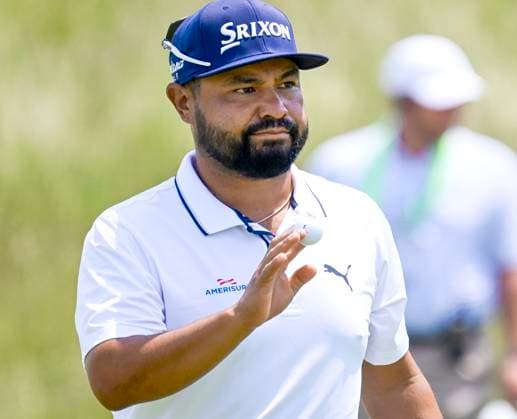 J.J. Spaun reacts after putting on the eighth green during the first round of the 125th U.S. Open Golf Championship at Oakmont Country Club in Oakmont, Pennsylvania on Thursday, June 12, 2025. Spaun finished the day at four-under-par.  PIT20250612708 ARCHIExCARPENTER