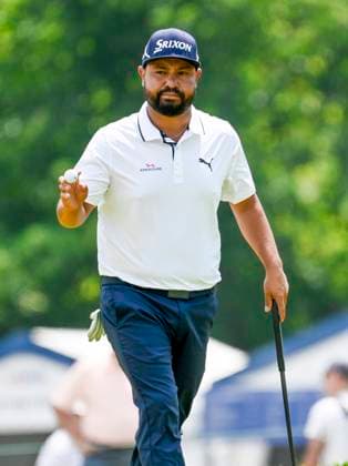 J.J. Spaun reacts after putting on the ninth green during the first round of the 125th U.S. Open Golf Championship at Oakmont Country Club in Oakmont, Pennsylvania on Thursday, June 12, 2025. Spaun finished the day at four-under-par.  PIT20250612799 ARCHIExCARPENTER