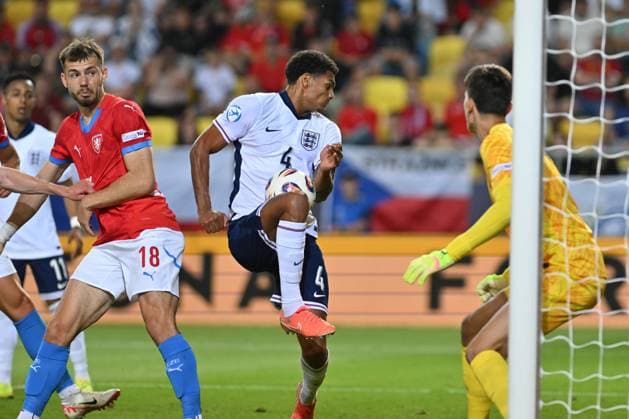 L-R Filip Prebsl (CZE), Jarell Quansah (ENG) and goalkeeper James Beadle (ENG) in action during the European Under-21 Championship Group B match Czech Republic vs England, Dunajska Streda, Slovakia, June 12, 2025. (CTKxPhoto VaclavxSalek) CTKPhotoP2025061209386  CTKPhotoP2025061209386