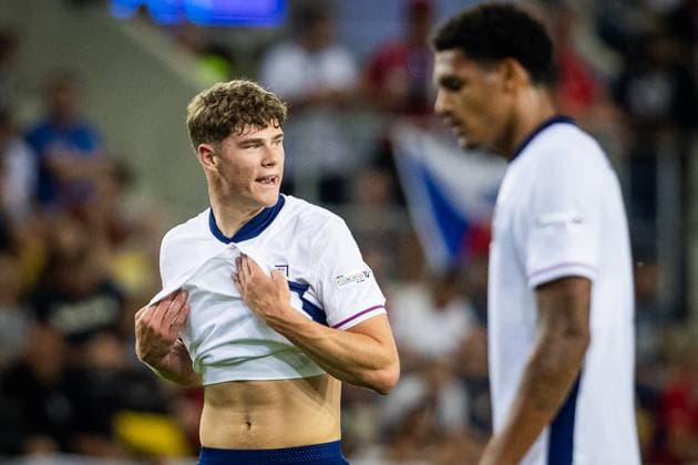 CZECHIA U21, U 21 - ENGLAND U21 Charlie Cresswell of England during the UEFA European Under-21 Championship 2025 Group B football match between Czechia U21 and England U21. Stadium DAC Arena (Mol Arena), Dunajska Streda, Slovakia, June 12, 2025. Photo by Branislav Racko Copyright: xx 080A6365