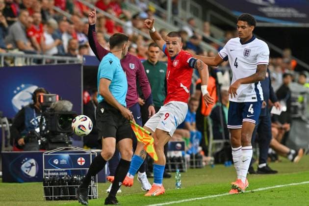 L-R Vaclav Sejk (CZE) and Jarell Quansah (ENG) in action during the European Under-21 Championship Group B match Czech Republic vs England, Dunajska Streda, Slovakia, June 12, 2025. (CTKxPhoto VaclavxSalek) CTKPhotoP2025061209448  CTKPhotoP2025061209448
